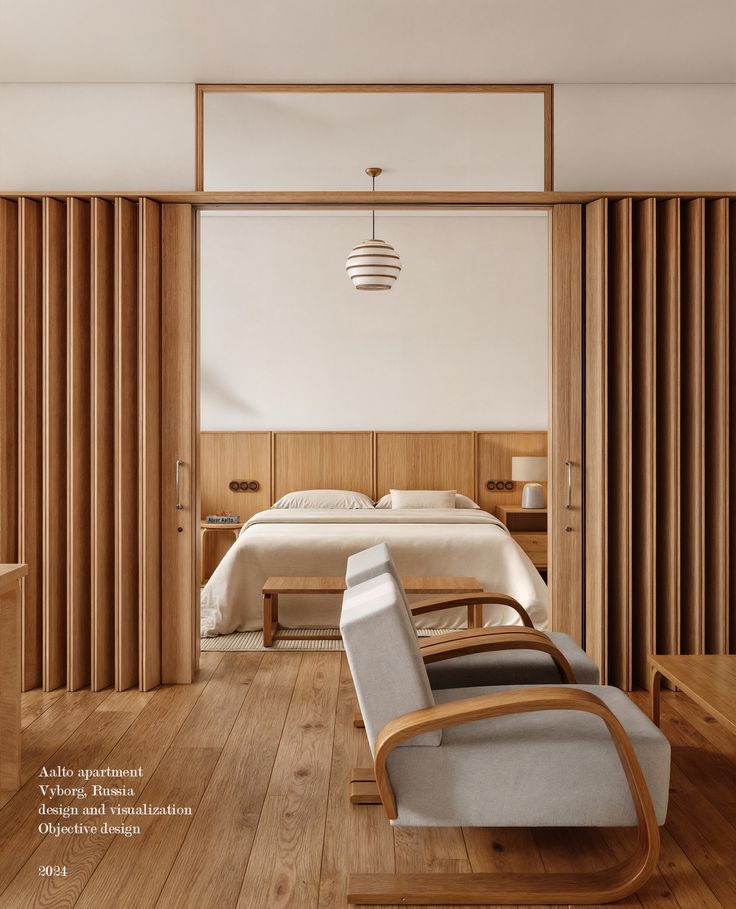 Aalto Apartment, Vyborg — bedroom with slatted wood partition