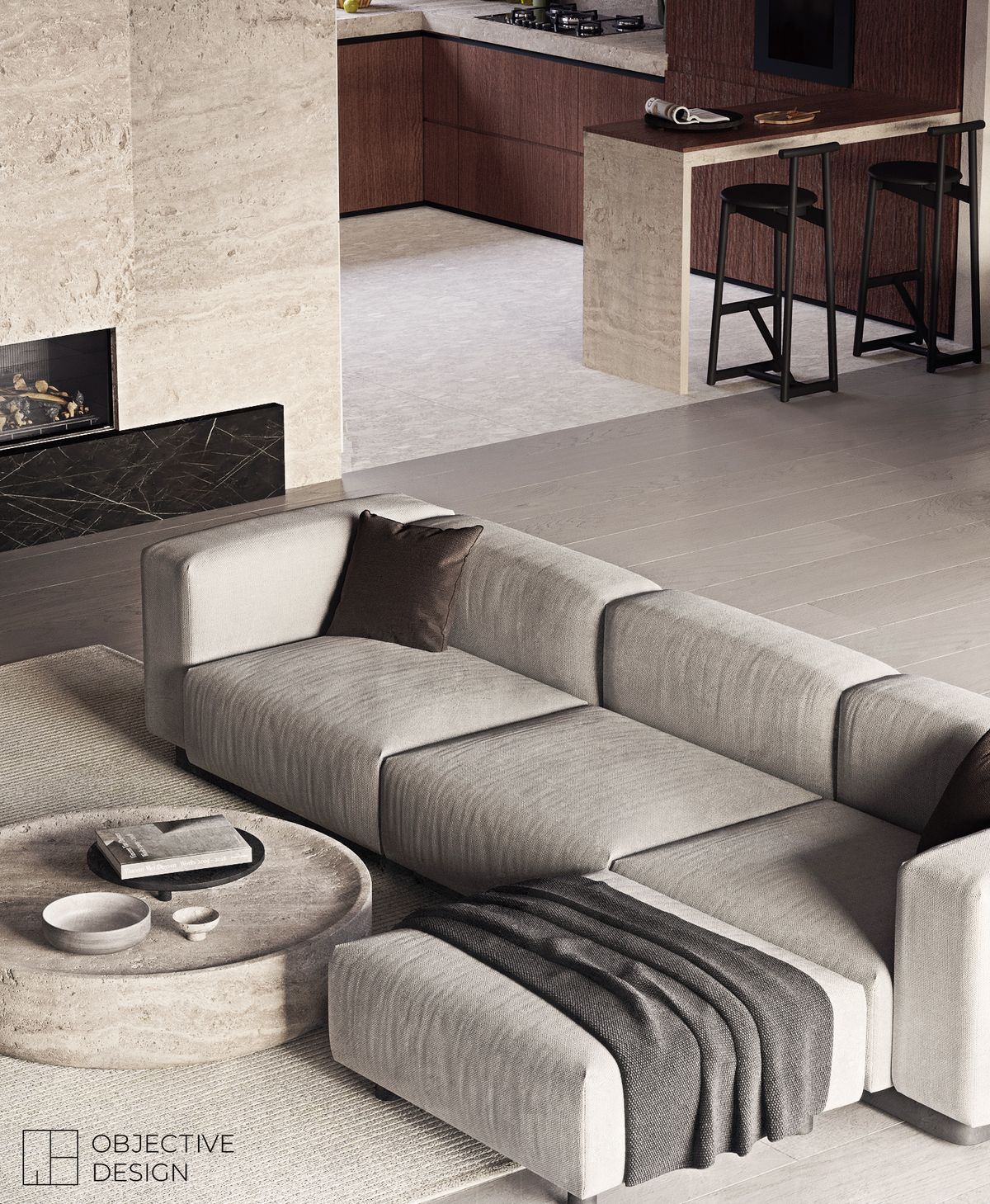 Inside-Out Harmony — living area with travertine fireplace